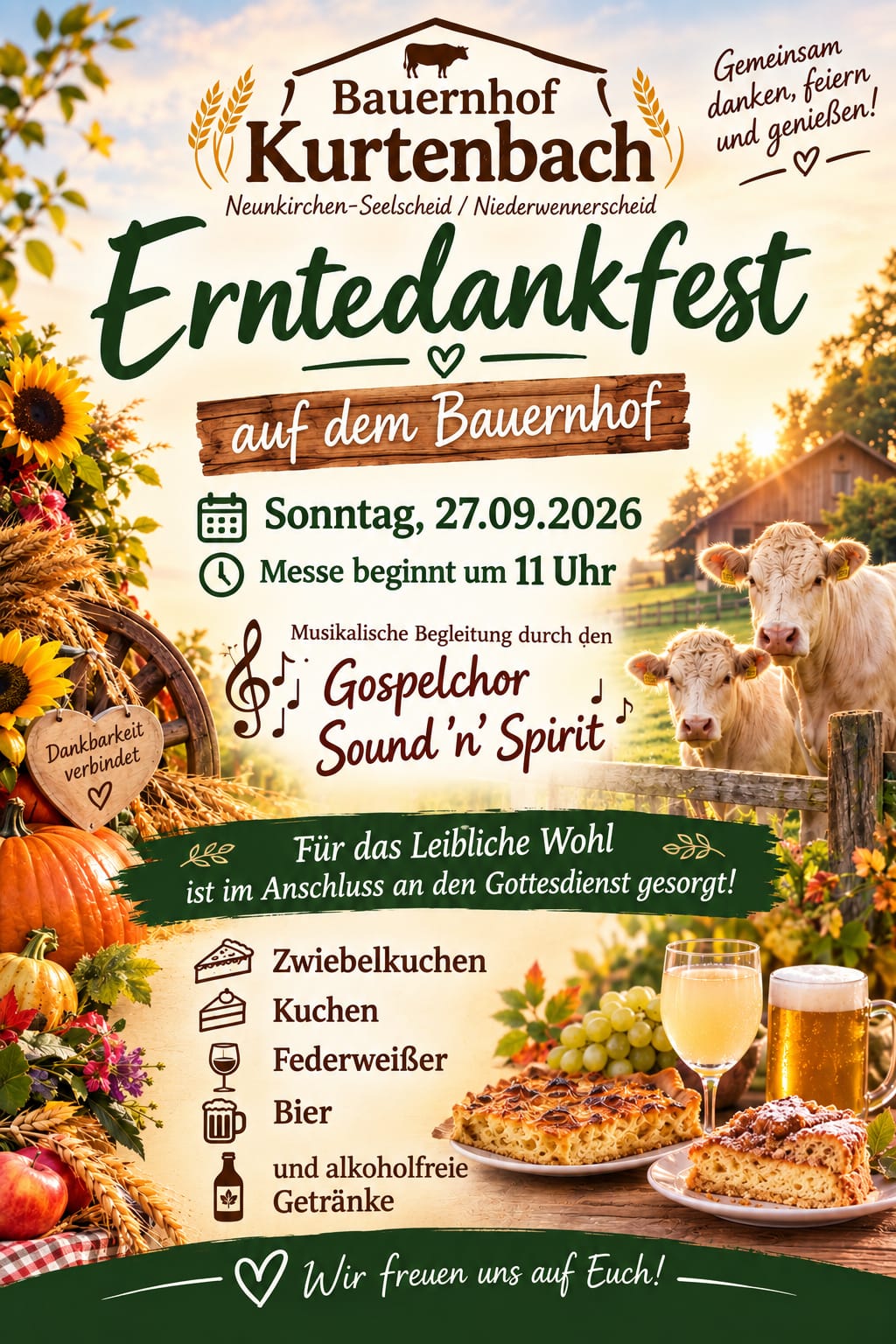Erntedankfest auf dem Bauernhof Kurtenbach in Neunkirchen-Seelscheid, Sonntag 27. September 2026, Messe um 11 Uhr mit musikalischer Begleitung durch den Gospelchor Sound'n'Spirit